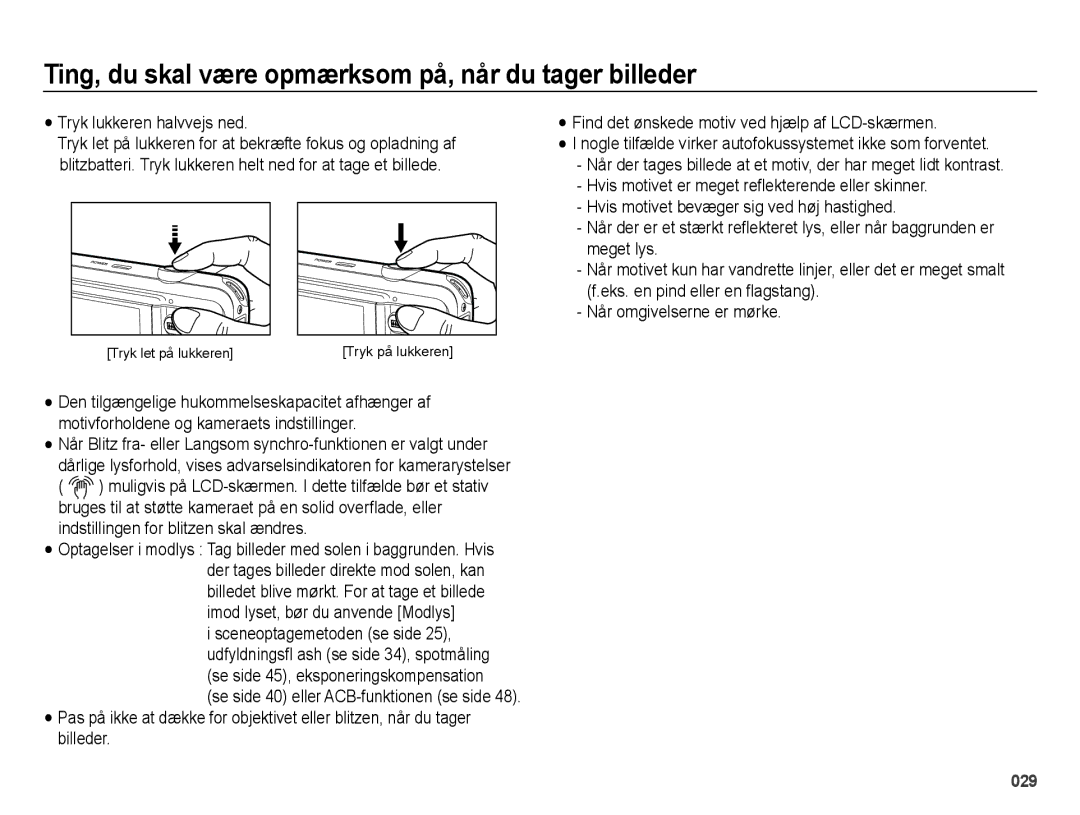 Samsung EC-ES73ZZBPBE2 manual Ting, du skal være opmærksom på, når du tager billeder 