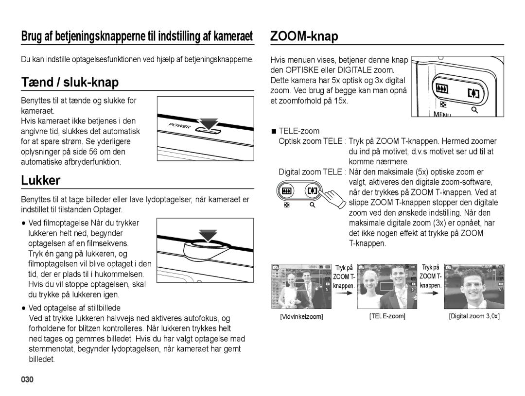 Samsung EC-ES73ZZBPBE2 manual Tænd / sluk-knap, Lukker, Benyttes til at tænde og slukke for kameraet, TELE-zoom 