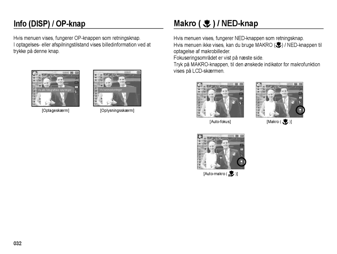 Samsung EC-ES73ZZBPBE2 manual Info Disp / OP-knap, Makro / NED-knap 