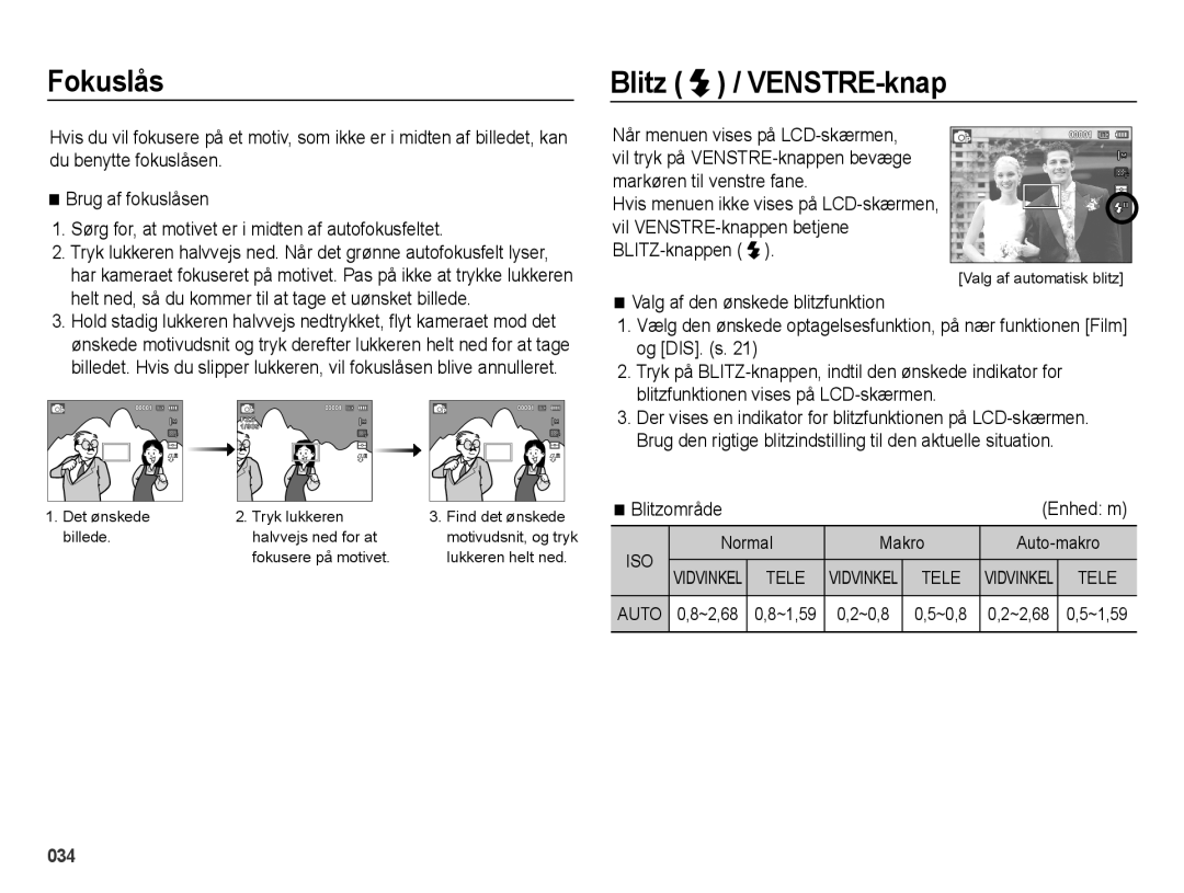 Samsung EC-ES73ZZBPBE2 manual Fokuslås, Blitz / VENSTRE-knap, Blitzområde Enhed m 