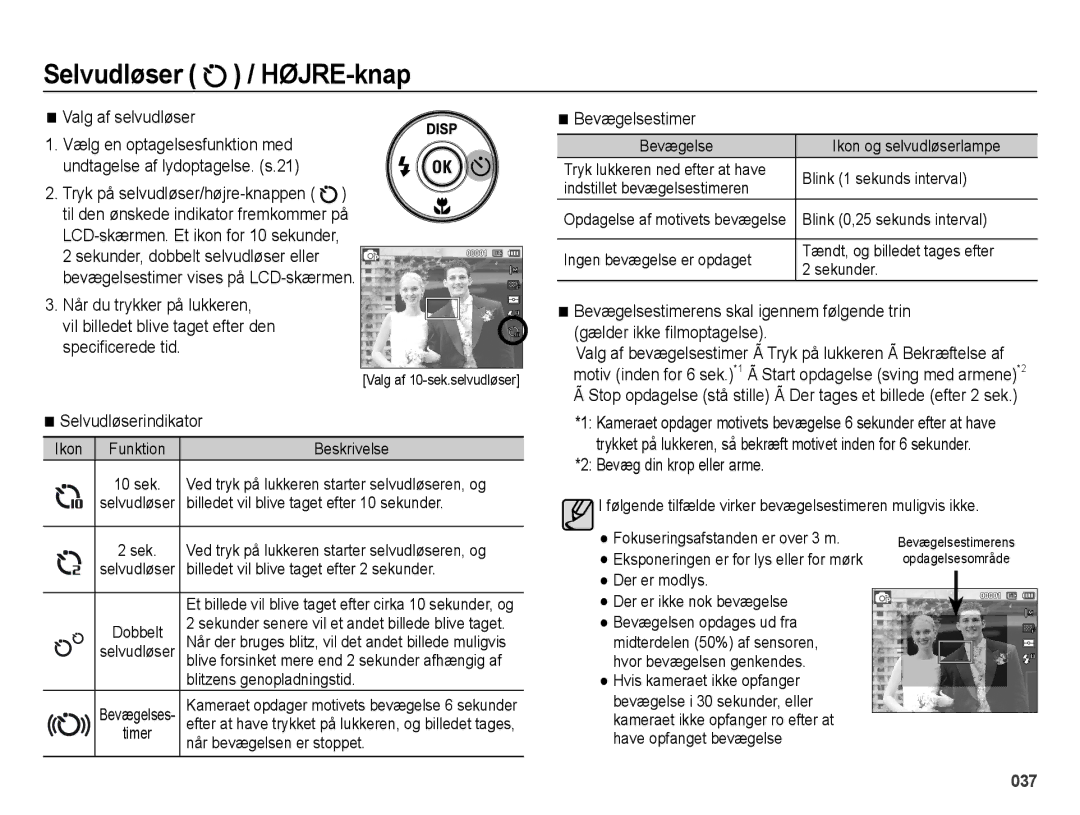 Samsung EC-ES73ZZBPBE2 manual Valg af selvudløser, Selvudløserindikator, Bevægelsestimer, Bevæg din krop eller arme 