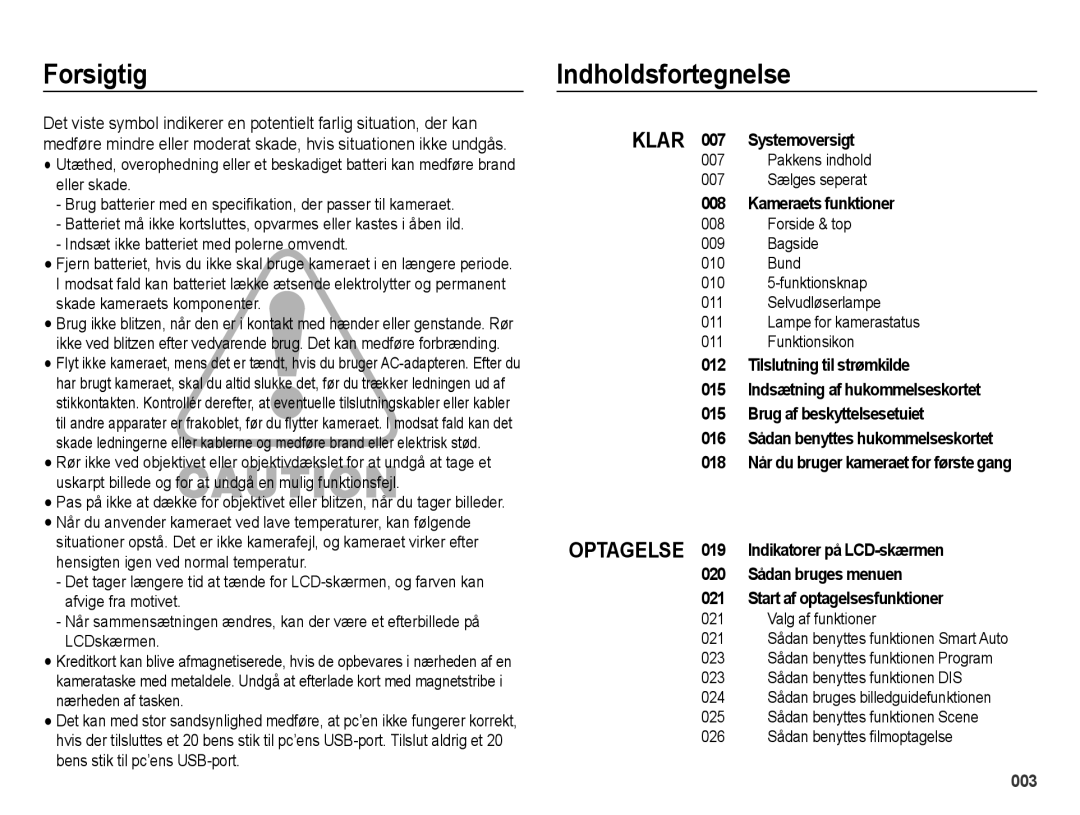 Samsung EC-ES73ZZBPBE2 manual Forsigtig, Indholdsfortegnelse, Klar 007 Systemoversigt, Kameraets funktioner 