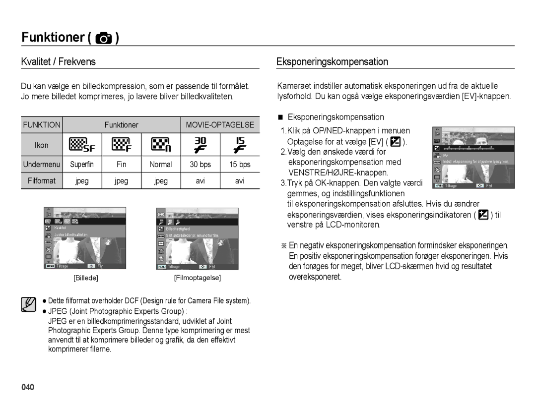 Samsung EC-ES73ZZBPBE2 manual Kvalitet / Frekvens, Eksponeringskompensation 