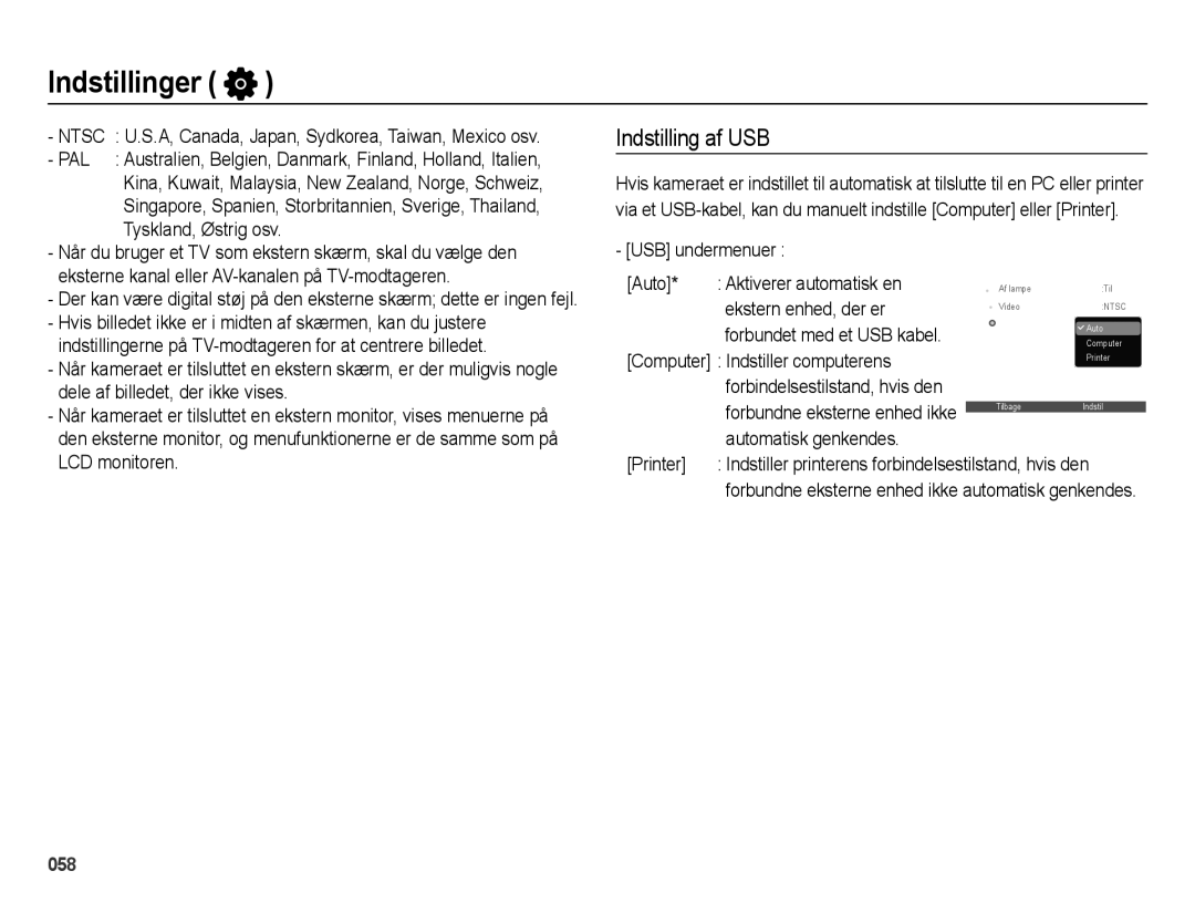 Samsung EC-ES73ZZBPBE2 manual Indstilling af USB, Forbundne eksterne enhed ikke automatisk genkendes 