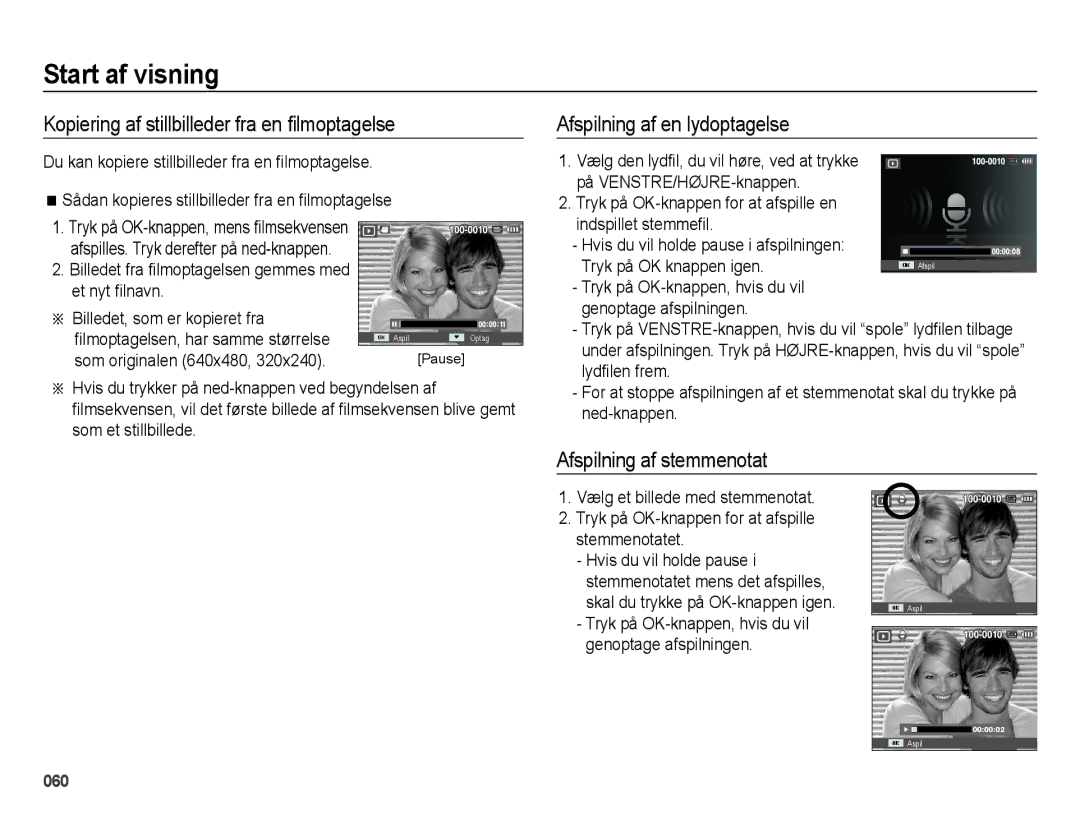 Samsung EC-ES73ZZBPBE2 manual Kopiering af stillbilleder fra en ﬁlmoptagelse, Afspilning af en lydoptagelse 