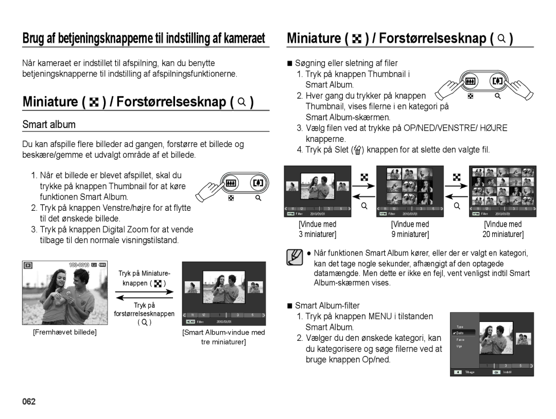 Samsung EC-ES73ZZBPBE2 manual Miniature º / Forstørrelsesknap í, Smart album 