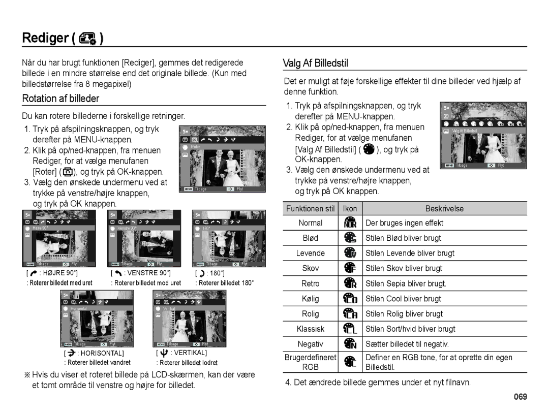 Samsung EC-ES73ZZBPBE2 manual Rotation af billeder Valg Af Billedstil, Trykke på venstre/højre knappen 