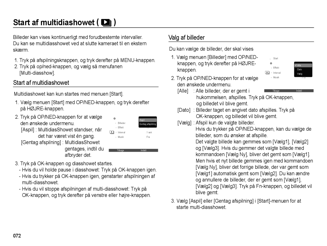 Samsung EC-ES73ZZBPBE2 manual Start af multidiashowet, Valg af billeder 