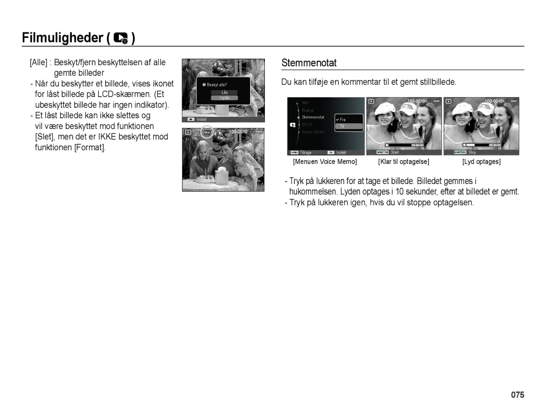 Samsung EC-ES73ZZBPBE2 manual Alle Beskyt/fjern beskyttelsen af alle gemte billeder, Et låst billede kan ikke slettes og 