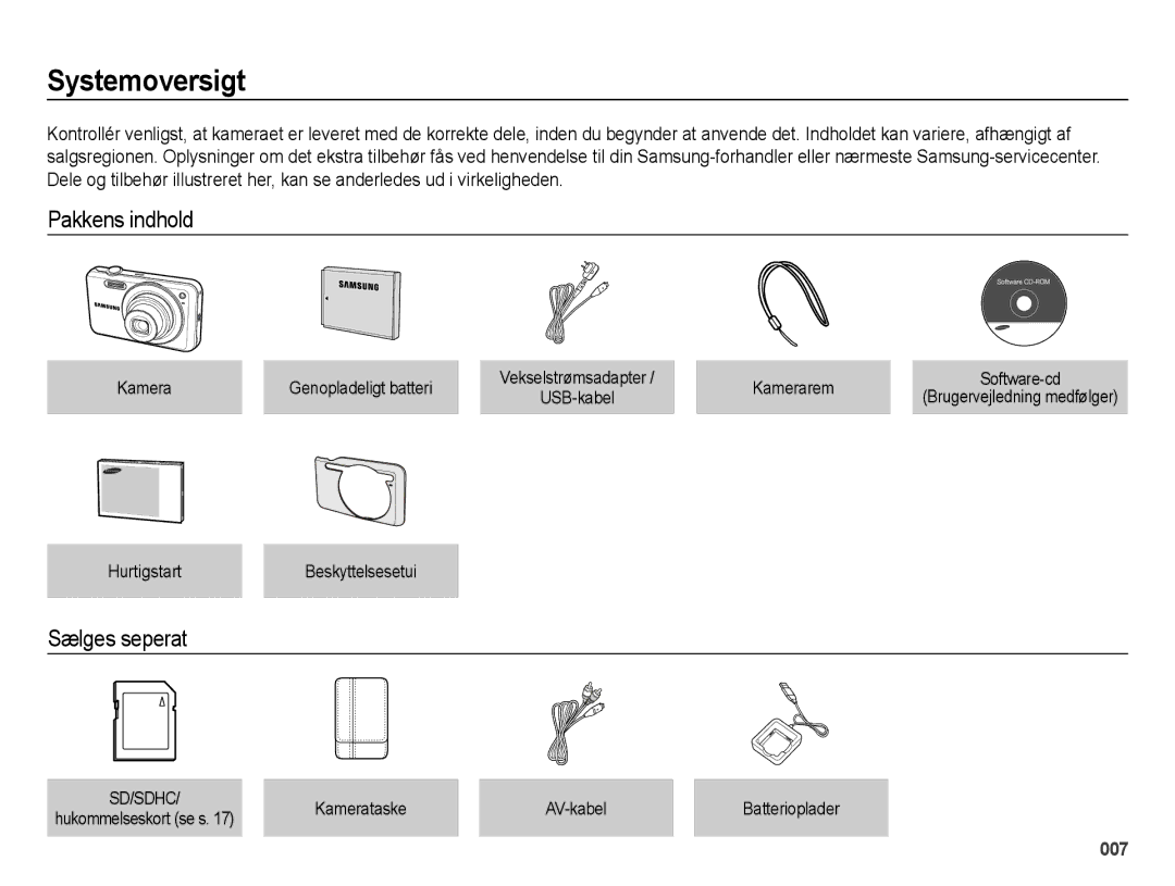 Samsung EC-ES73ZZBPBE2 manual Systemoversigt, Pakkens indhold, Sælges seperat 