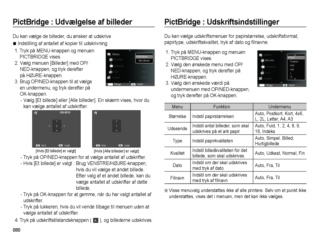 Samsung EC-ES73ZZBPBE2 manual PictBridge Udvælgelse af billeder, PictBridge Udskriftsindstillinger 