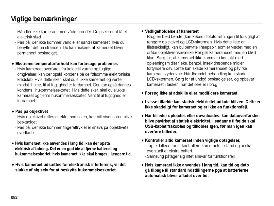 Samsung EC-ES73ZZBPBE2 Ekstreme temperaturforhold kan forårsage problemer, Pas på objektivet, Vedligeholdelse af kameraet 