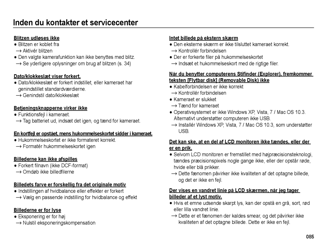 Samsung EC-ES73ZZBPBE2 manual Dato/klokkeslæt viser forkert, Betjeningsknapperne virker ikke, Billederne kan ikke afspilles 