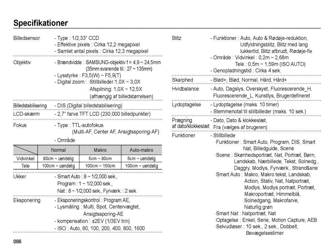 Samsung EC-ES73ZZBPBE2 manual Speciﬁkationer 