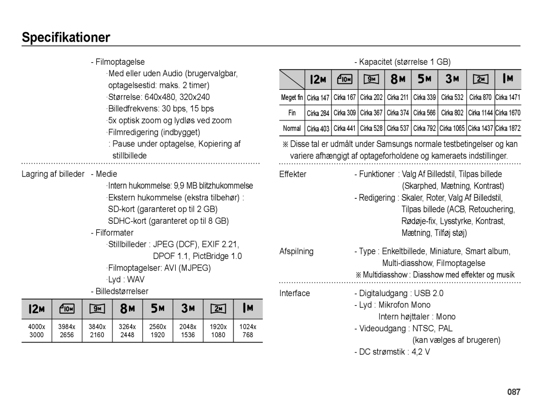 Samsung EC-ES73ZZBPBE2 manual Filmoptagelse, Pause under optagelse, Kopiering af stillbillede, Medie, Filformater, Effekter 