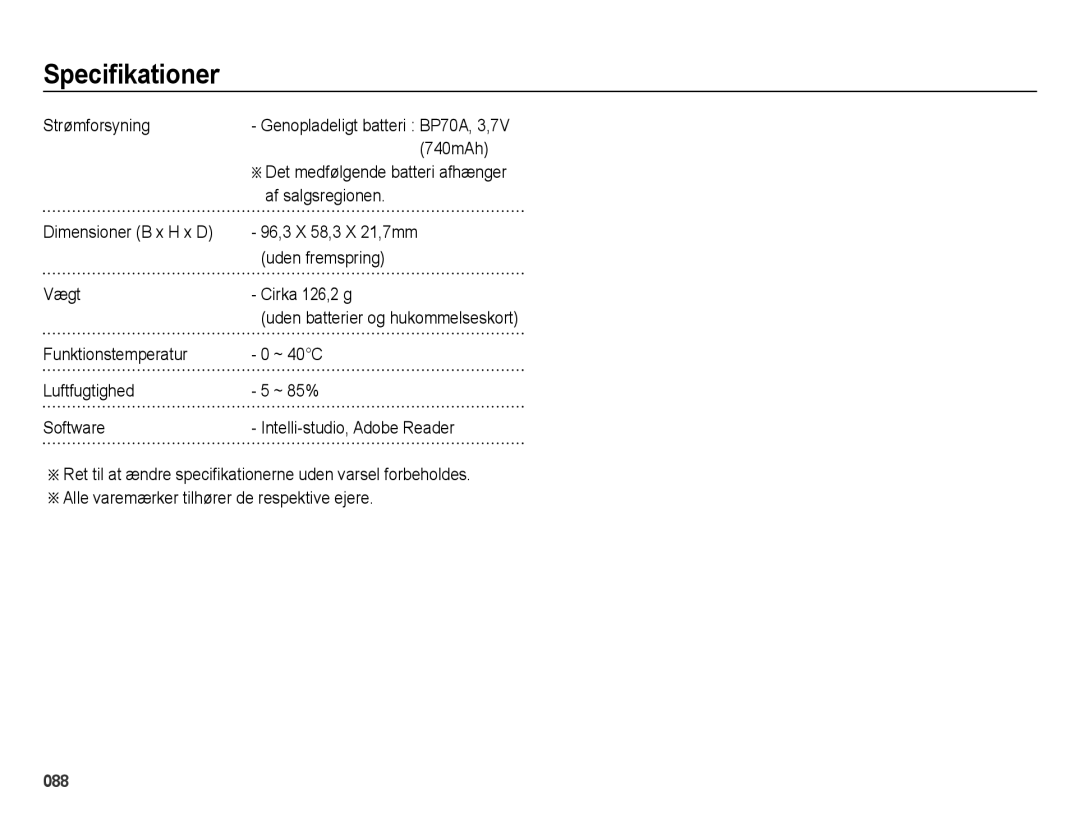 Samsung EC-ES73ZZBPBE2 Strømforsyning, 740mAh, Af salgsregionen, 96,3 X 58,3 X 21,7mm, Uden fremspring, Vægt Cirka 126,2 g 