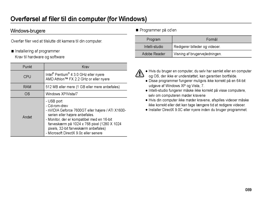 Samsung EC-ES73ZZBPBE2 manual Overførsel af ﬁler til din computer for Windows, Windows-brugere, Programmer på cd’en 