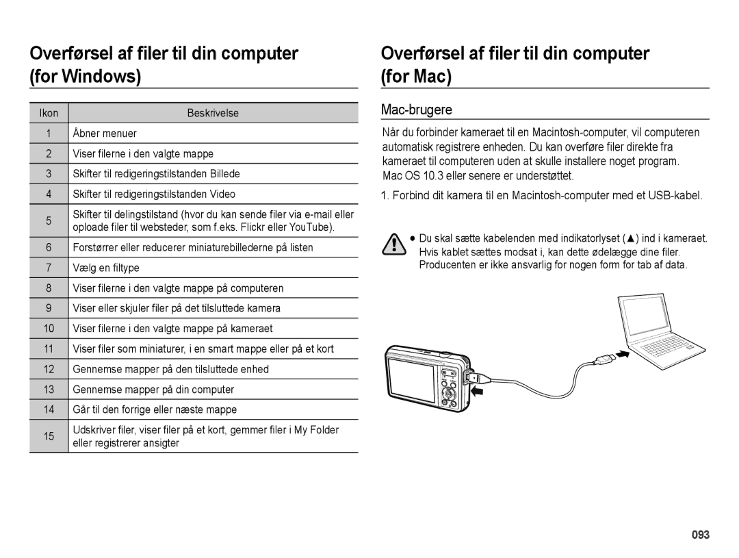 Samsung EC-ES73ZZBPBE2 manual Overførsel af ﬁler til din computer for Mac, Mac-brugere 