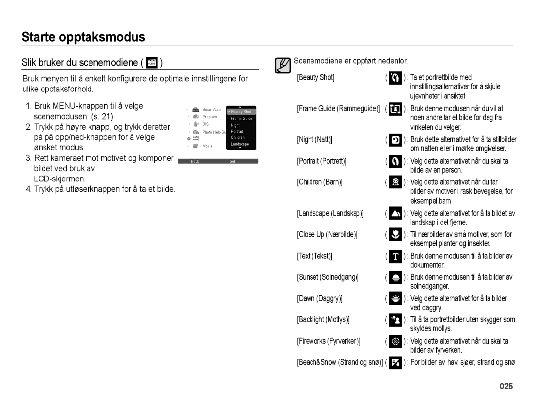 Samsung EC-ES73ZZBPBE2 manual Slik bruker du scenemodiene 