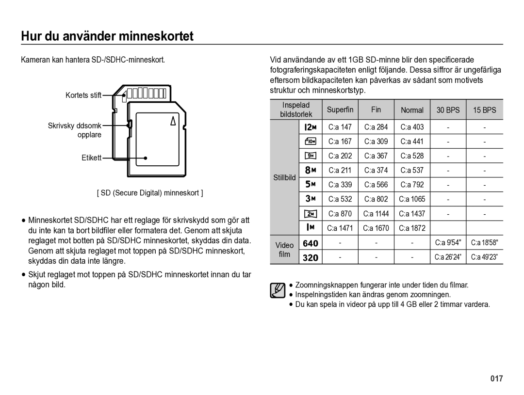 Samsung EC-ES73ZZBPBE2 manual Kameran kan hantera SD-/SDHC-minneskort, Superﬁn Fin Normal 30 BPS 15 BPS 