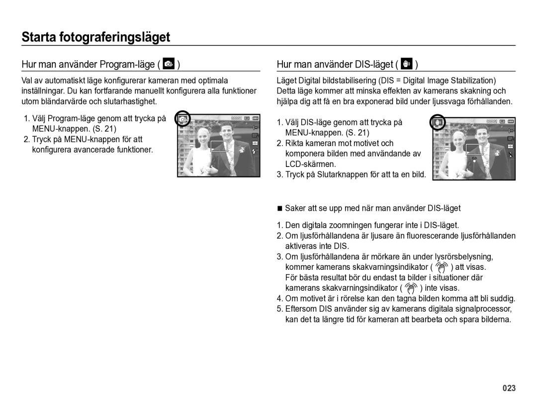 Samsung EC-ES73ZZBPBE2 manual Hur man använder Program-läge, Hur man använder DIS-läget 