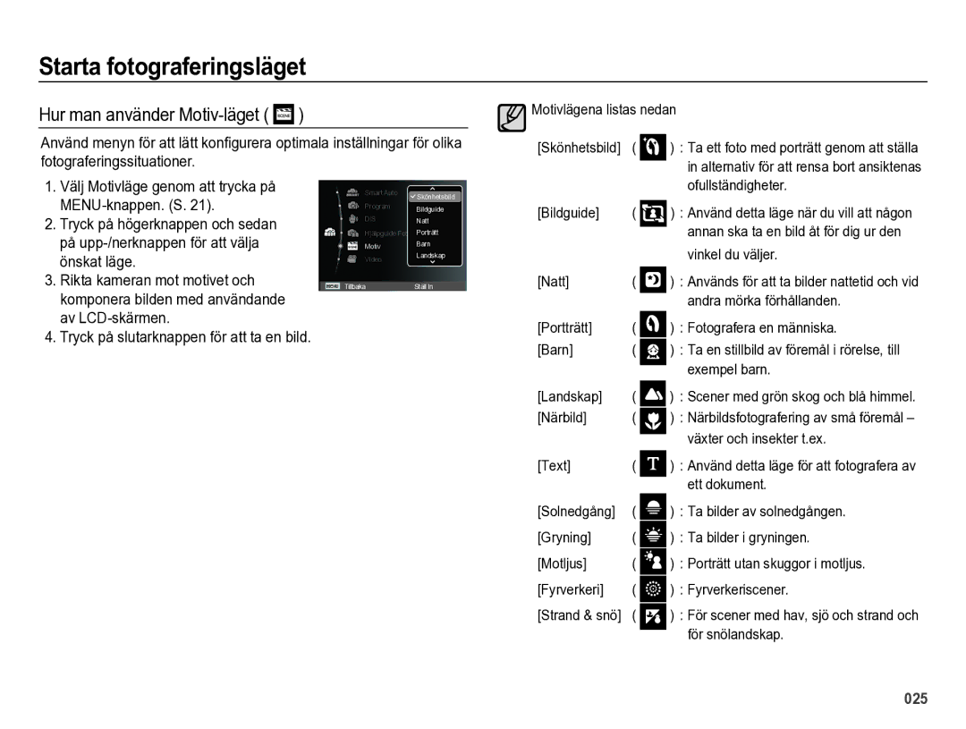 Samsung EC-ES73ZZBPBE2 manual Hur man använder Motiv-läget 