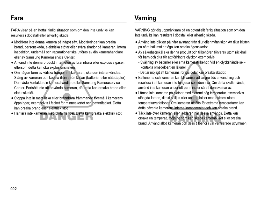 Samsung EC-ES73ZZBPBE2 manual Fara Varning 