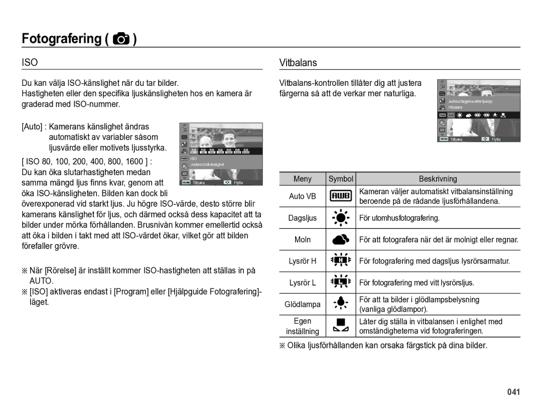 Samsung EC-ES73ZZBPBE2 Vitbalans, ISO 80, 100, 200, 400, 800, Olika ljusförhållanden kan orsaka färgstick på dina bilder 