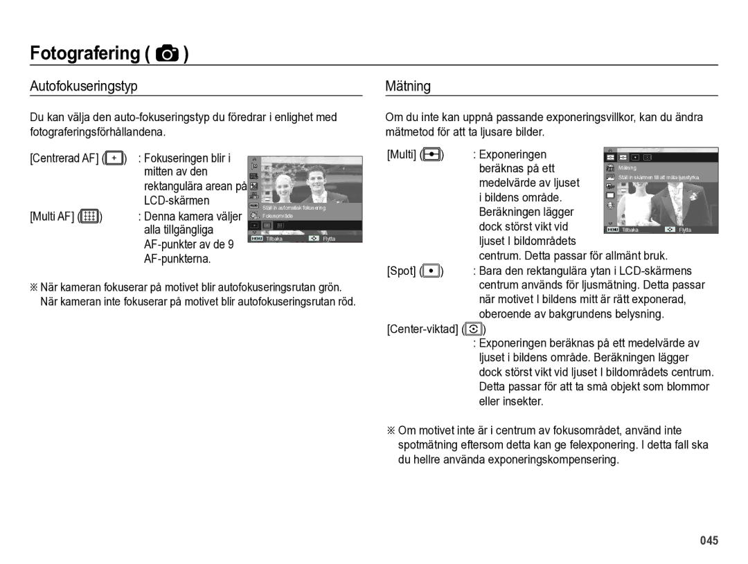 Samsung EC-ES73ZZBPBE2 manual Autofokuseringstyp, Mätning 