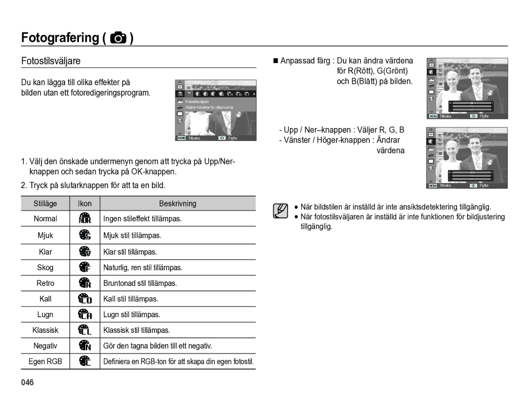 Samsung EC-ES73ZZBPBE2 manual Fotostilsväljare, Upp / Ner-knappen Väljer R, G, B 