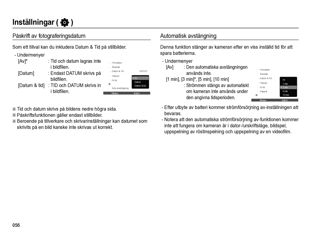 Samsung EC-ES73ZZBPBE2 manual Påskrift av fotograferingsdatum, Automatisk avstängning, Min, 3 min*, 5 min, 10 min 