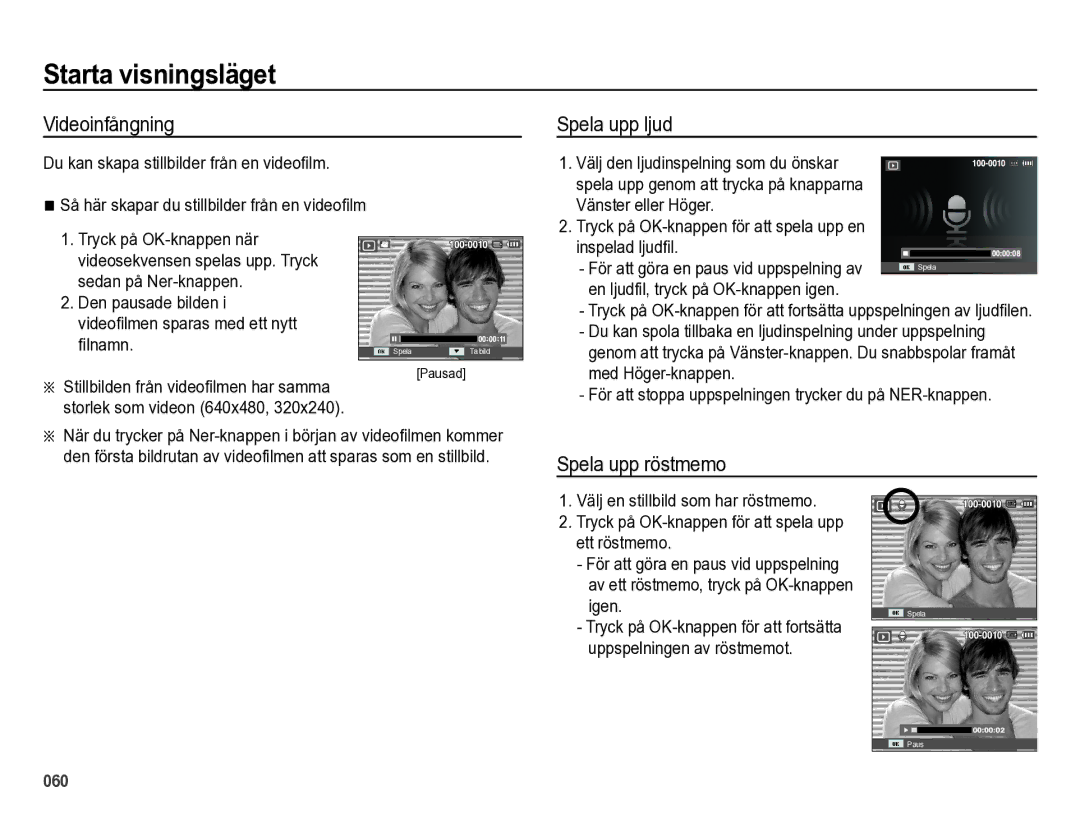 Samsung EC-ES73ZZBPBE2 manual Videoinfångning, Spela upp ljud, Spela upp röstmemo 