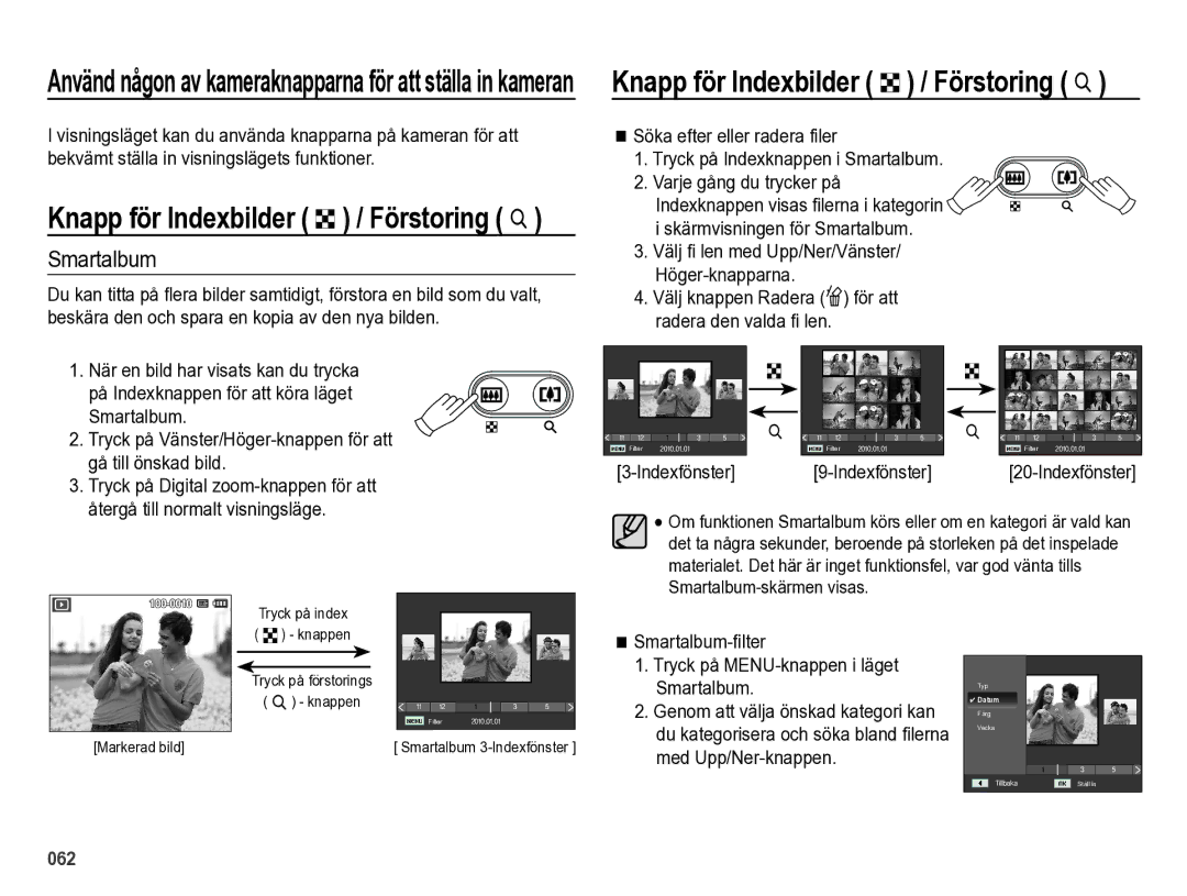 Samsung EC-ES73ZZBPBE2 manual Skärmvisningen för Smartalbum, Gå till önskad bild, Återgå till normalt visningsläge 