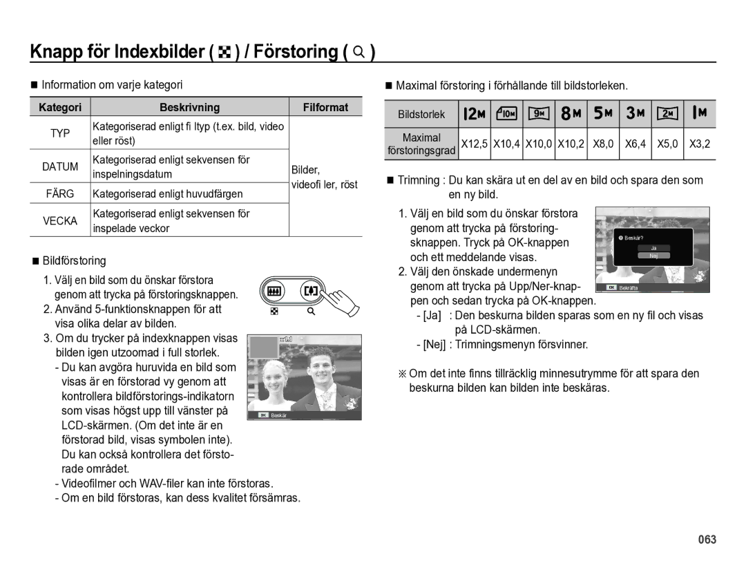 Samsung EC-ES73ZZBPBE2 manual Knapp för Indexbilder º / Förstoring í, Information om varje kategori, Bildförstoring 