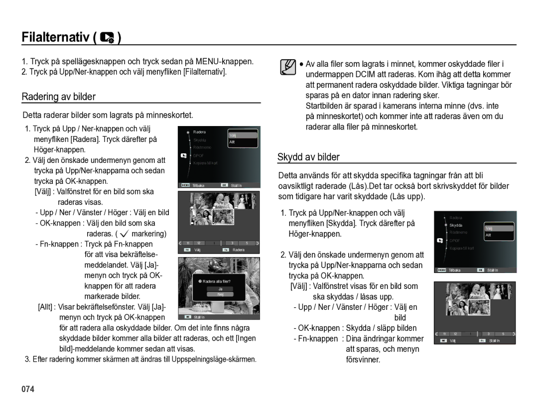 Samsung EC-ES73ZZBPBE2 manual Filalternativ, Radering av bilder, Skydd av bilder, Ska skyddas / låsas upp 