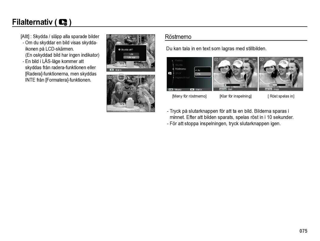 Samsung EC-ES73ZZBPBE2 manual Du kan tala in en text som lagras med stillbilden, En oskyddad bild har ingen indikator 