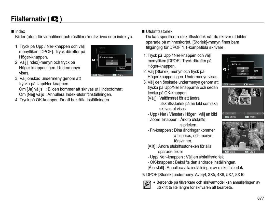 Samsung EC-ES73ZZBPBE2 Index, Tryck på Upp / Ner-knappen och välj, Menyfliken DPOF. Tryck därefter på, Skrivas ut visas 