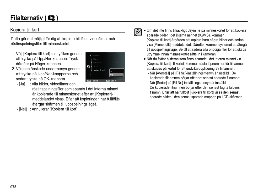 Samsung EC-ES73ZZBPBE2 manual Kopiera till kort, Därefter på Höger-knappen, Alla bilder, videofilmer och 