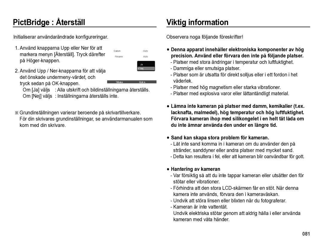 Samsung EC-ES73ZZBPBE2 manual PictBridge Återställ Viktig information, Sand kan skapa stora problem för kameran 