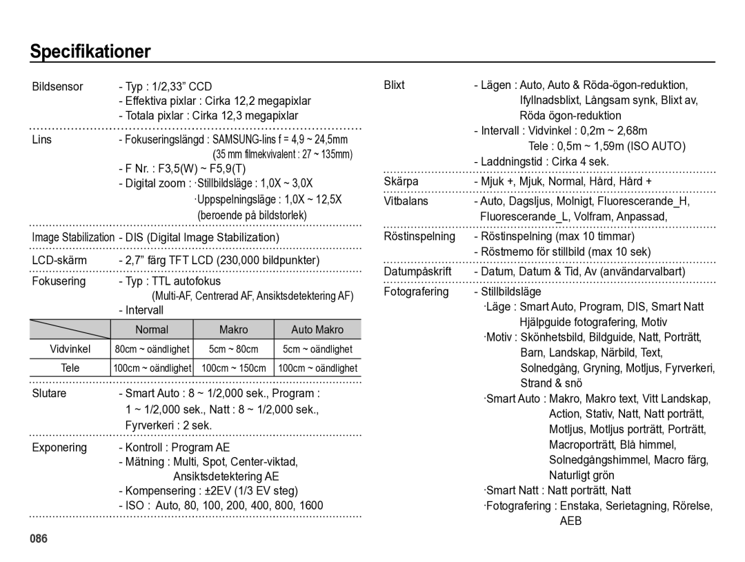 Samsung EC-ES73ZZBPBE2 manual Specifikationer 