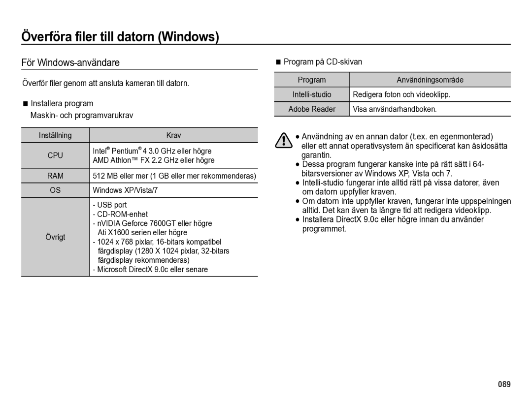 Samsung EC-ES73ZZBPBE2 manual Överföra filer till datorn Windows, För Windows-användare, Program på CD-skivan 