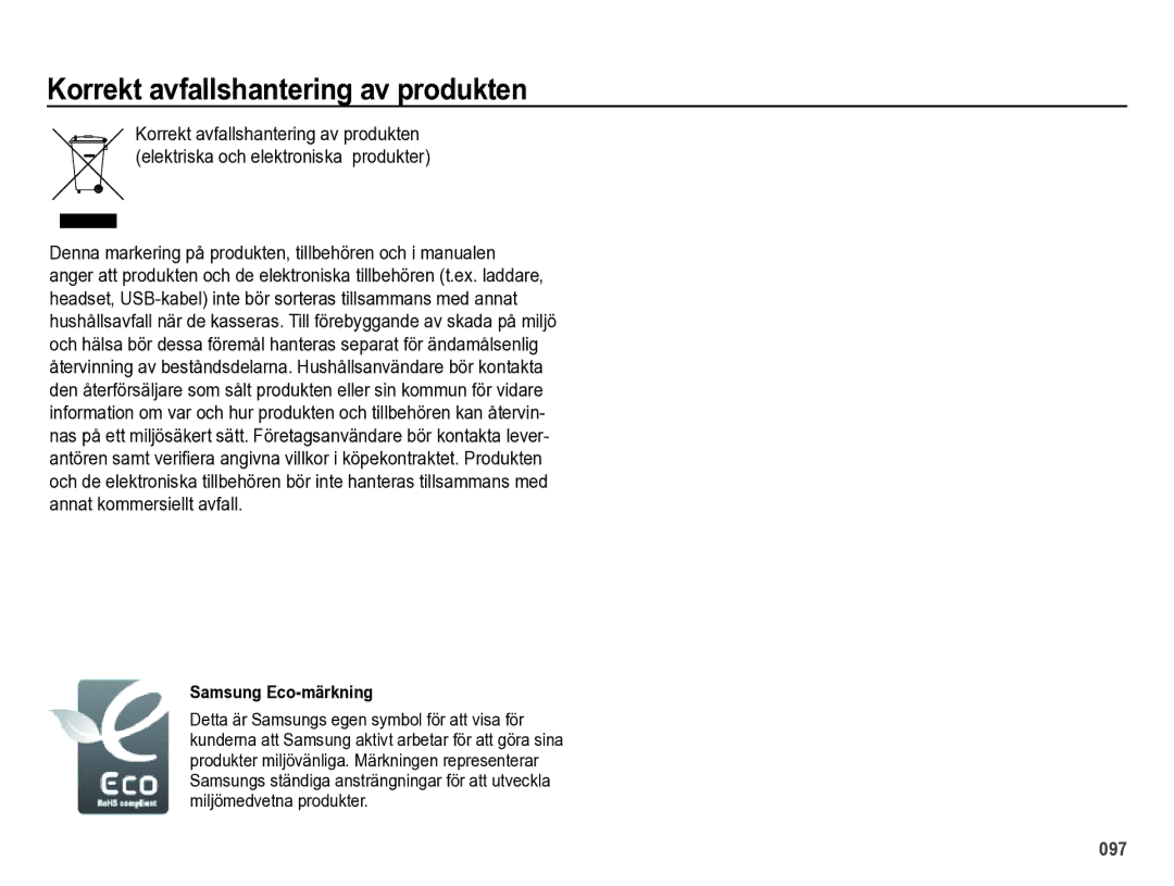 Samsung EC-ES73ZZBPBE2 manual Korrekt avfallshantering av produkten, Samsung Eco-märkning 