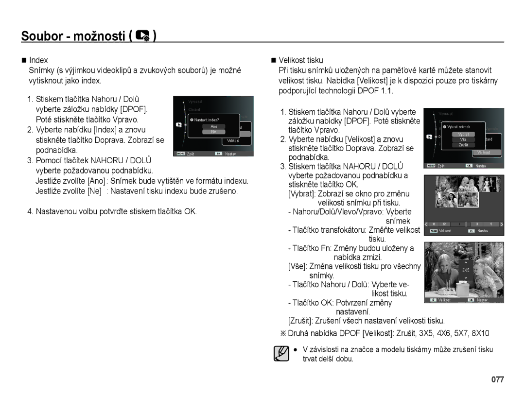 Samsung EC-ES73ZZBPUE3 manual Podnabídka Stiskem tlačítka Nahoru / Dolů, Velikosti snímku při tisku, Tisku, Nastavení 