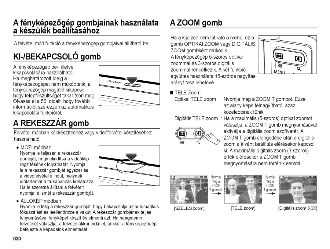 Samsung EC-ES73ZZBPSE3, EC-ES73ZZBPBE3, EC-ES73ZZBPOE3, EC-ES73ZZBPUE3 manual KI-/BEKAPCSOLÓ gomb, Rekeszzár gomb, Zoom gomb 