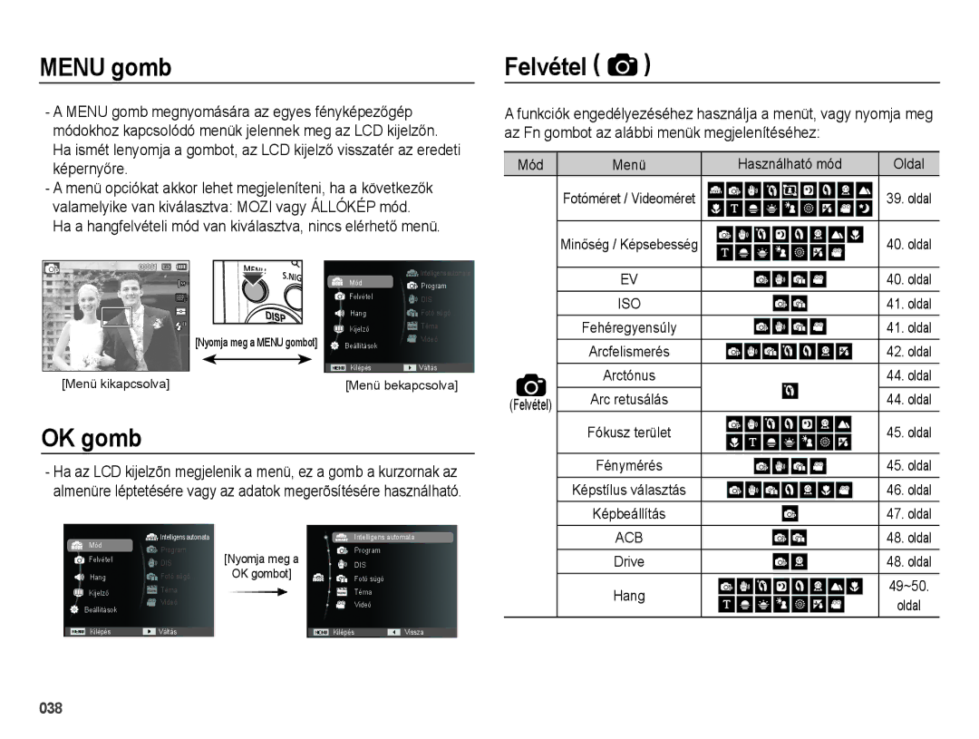 Samsung EC-ES73ZZBPRE3 Menu gomb, OK gomb, Ha a hangfelvételi mód van kiválasztva, nincs elérhető menü, Használható mód 