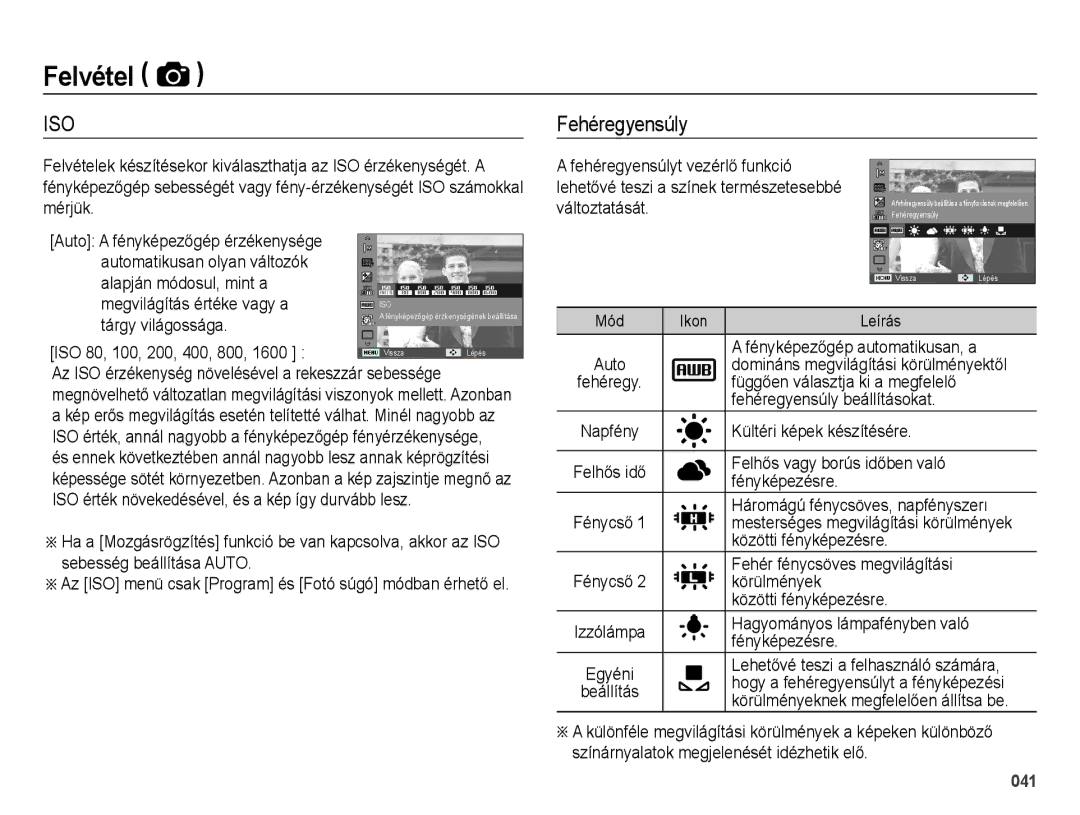 Samsung EC-ES73ZZBPOE3, EC-ES73ZZBPBE3, EC-ES73ZZBPSE3, EC-ES73ZZBPUE3, EC-ES73ZZBPRE3 manual Fehéregyensúly 