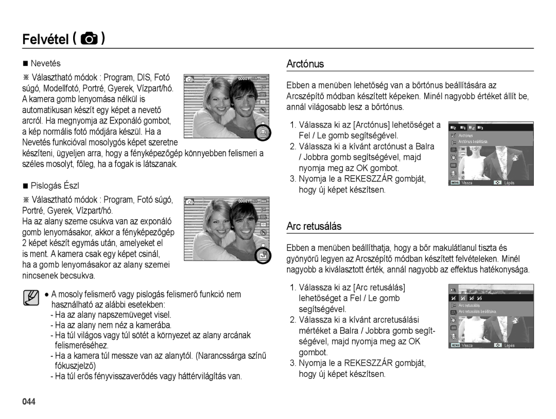 Samsung EC-ES73ZZBPBE3, EC-ES73ZZBPSE3, EC-ES73ZZBPOE3, EC-ES73ZZBPUE3 manual Arctónus, Arc retusálás, Nevetés, Pislogás Észl 