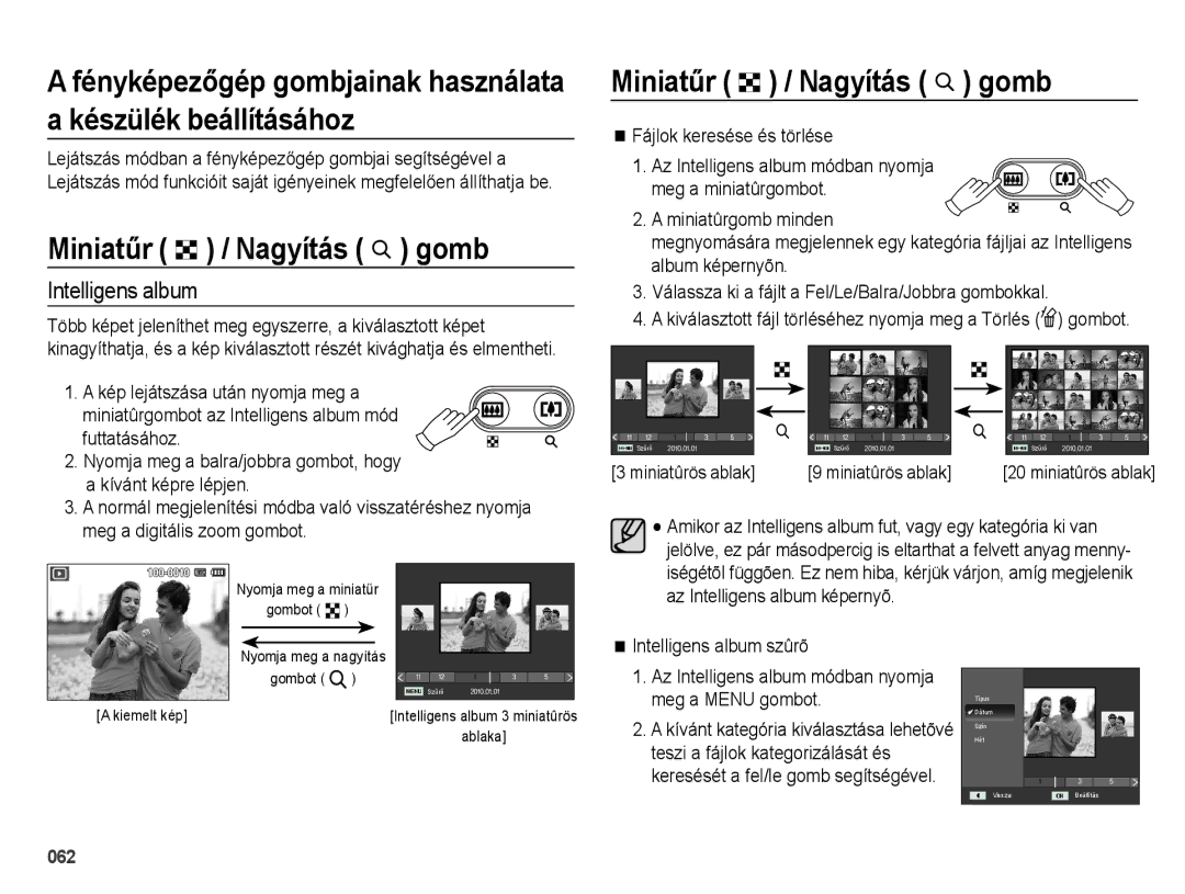 Samsung EC-ES73ZZBPUE3, EC-ES73ZZBPBE3, EC-ES73ZZBPSE3, EC-ES73ZZBPOE3 manual Miniatűr º / Nagyítás í gomb, Intelligens album 