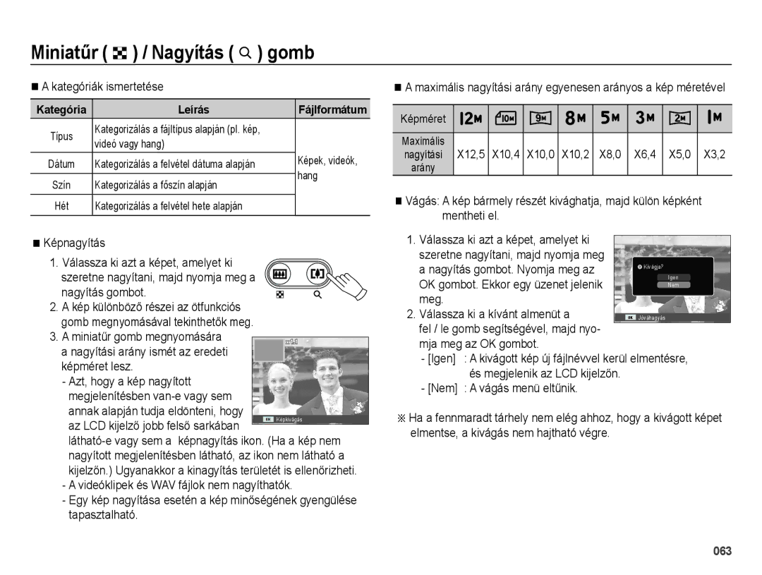 Samsung EC-ES73ZZBPRE3 manual Kategóriák ismertetése, Nem a vágás menü eltűnik, X12,5 X10,4 X10,0 X10,2 X8,0 X6,4 X5,0 X3,2 