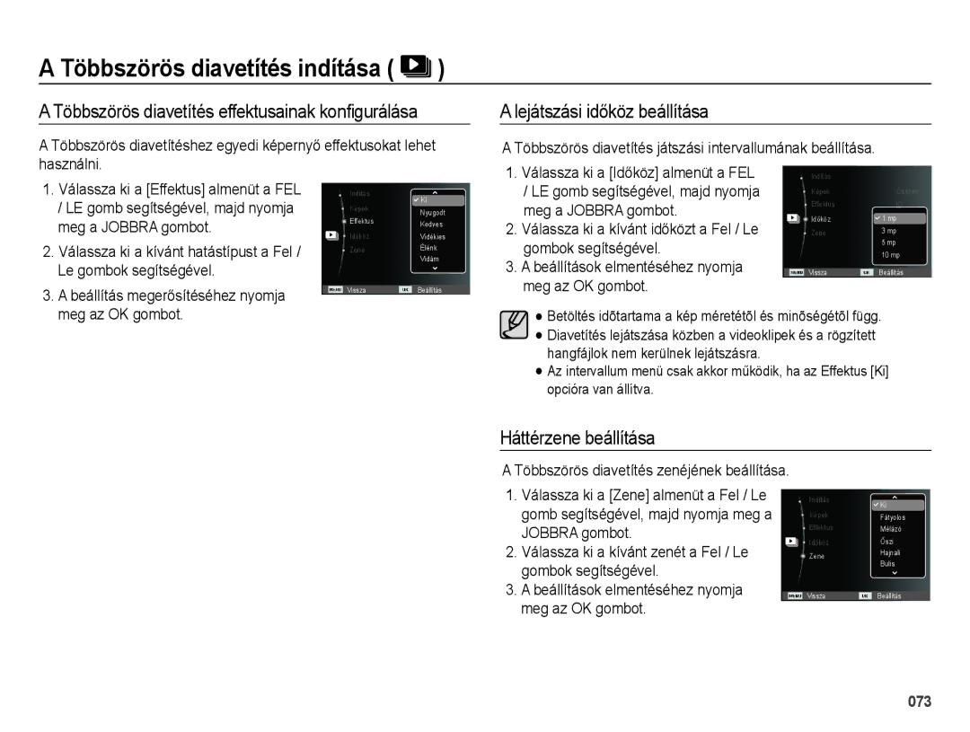 Samsung EC-ES73ZZBPRE3, EC-ES73ZZBPBE3 manual Többszörös diavetítés effektusainak konﬁgurálása, Lejátszási időköz beállítása 